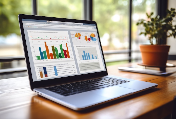 laptop Showing business analytics dashboard with charts, metrics, and KPI to analyze performance and create insight reports for operations management. Data analysis concept